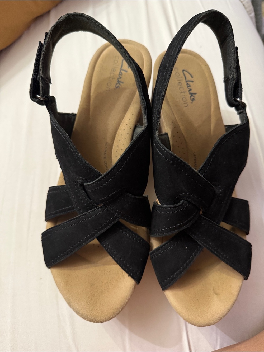 Clarks Black Suede Crisscross Slingback Wedge Sandals
